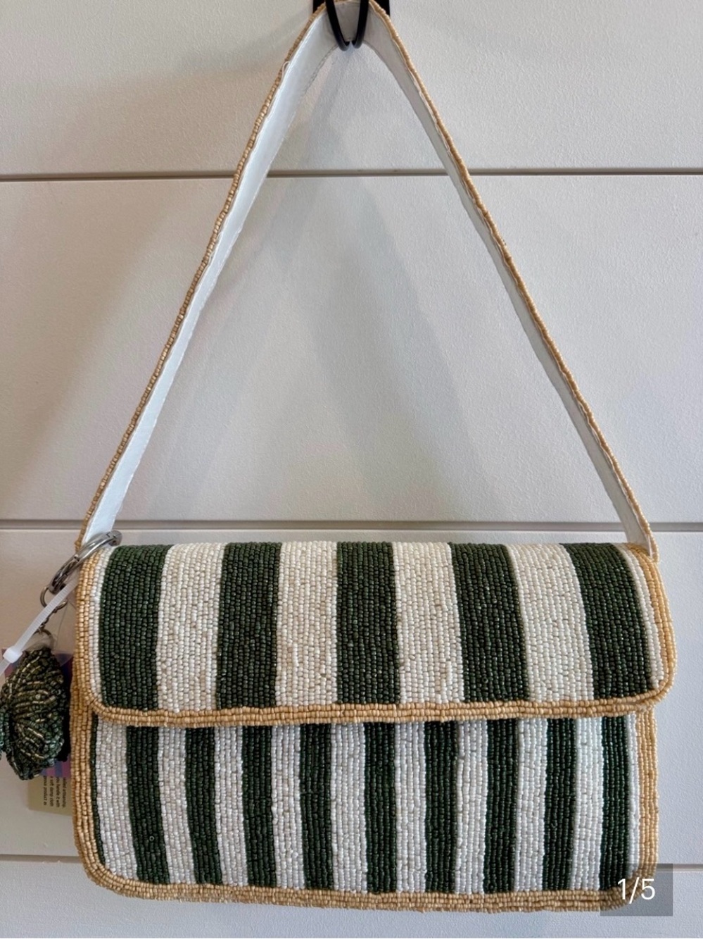 VIRAL Beaded Stripe Shoulder Bag in Green and White